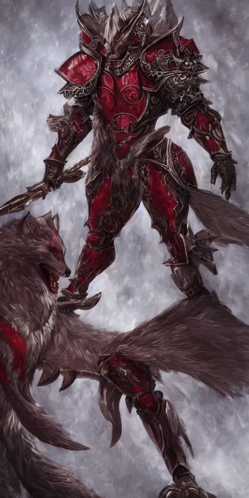 Prompt: beautiful, highly detailed, anthropomorphic elegant crimson wolf knight furry in armor, magic the gathering