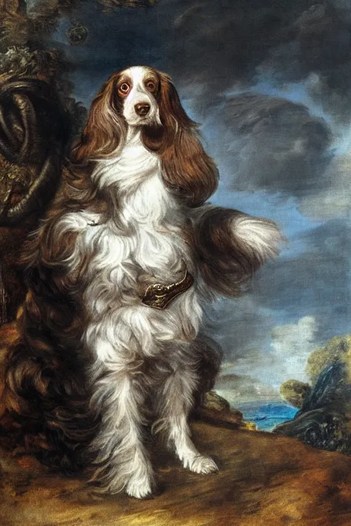 Image similar to A painted portrait of a brown haired springer spaniel wearing a sea captain's clothing, by Thomas Gainsborough, elegant, highly detailed, anthro, anthropomorphic dog