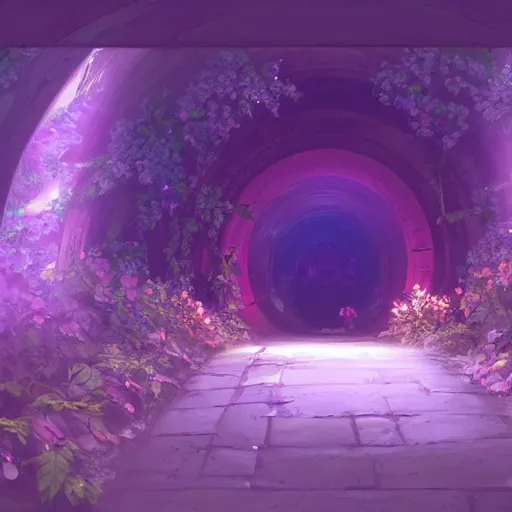 Prompt: paradise at at the end of the tunnel with a cross as the light shining into the tunnel, with pale purple and pale pink lighting, cute, aesthetic, anime, with a few vines and overgrowth, studio ghibli, cinematic, painting, high definition, digital art, symmetrical, very detailed, extremely high detail, photo realistic, concept art, unreal engine 5,