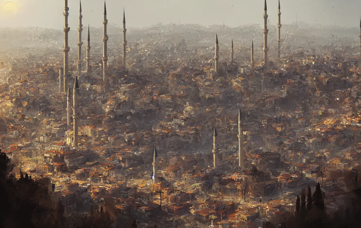 Image similar to A digital painting of a close-up view of Istanbul, by Ismail Inceoglu and Caspar David Friedrich, stunning, photorealistic, highly-detailed, 4k, ue5, light effect, rtx on, realistic, cinematic, IMAX quality, trending on artstation