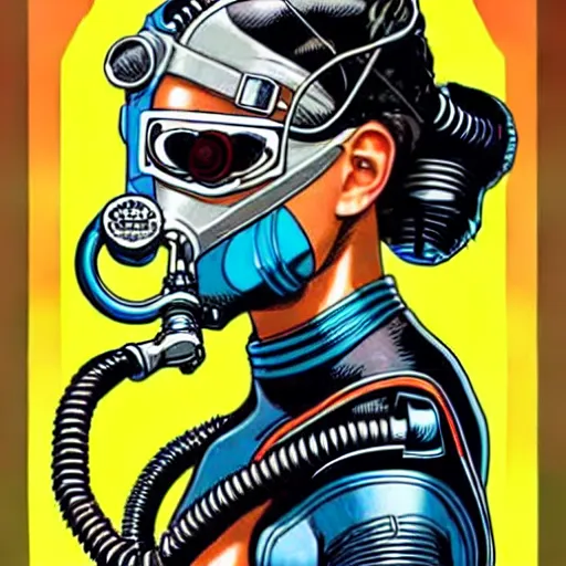 Image similar to a tarot card of a female diver with a oxygen mask intricate clockwork detailed mask with front profile by MARVEL comics and Sandra Chevrier