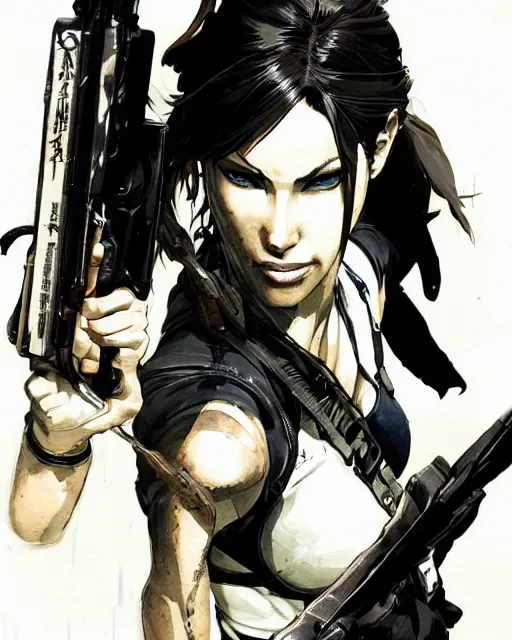 Prompt: lara croft, concept art, sumi - e style, artstation, trending, highly detailed, smooth, focus, art by yoji shinkawa