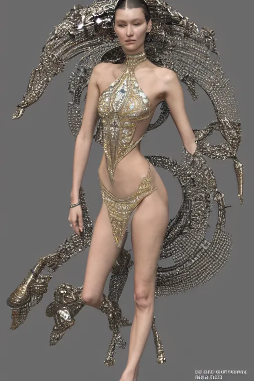 Prompt: a highly detailed metahuman 3 d render of an alien goddess bella hadid in iris van herpen dress schiaparelli in diamonds and jewelry in style of alphonse mucha trending on artstation made in unreal engine 4