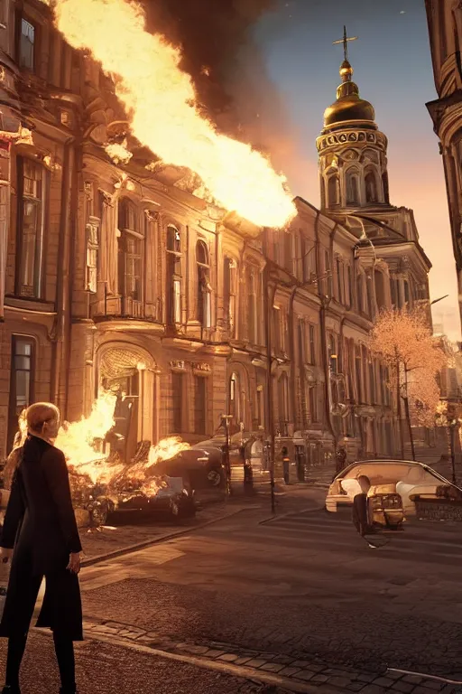 Image similar to in the foreground a street in Saint Petersburg, in the background a blonde woman from the back completely on fire wearing a long matrix-style jacket, realistic, high definition, many details, dramatic scene, detailed and realistic hands, symmetrical face, realistic eyes , art of unreal engine 5