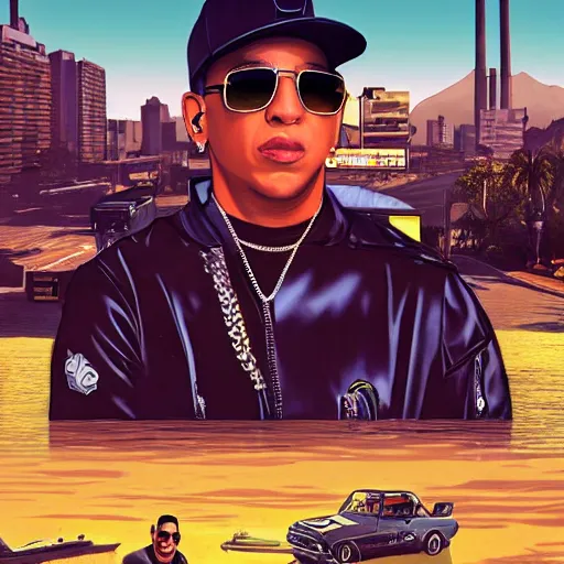 Prompt: daddy yankee in gta v cover art by steven bliss, cover art, box art, loading screen