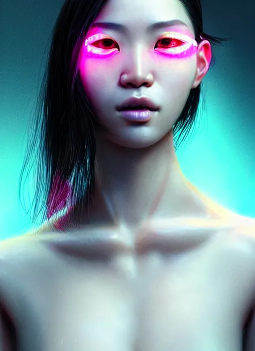 Prompt: photorealistic portrait of asian female humanoid, freckled skin, cyber neon lightings, highly detailed, cyberpunk high fashion, elegant, crispy quality, trending in artstation, trending in pinterest, glamor pose, no signature, no watermark, cinematic, octane render, art by artgerm, art by greg rutkowski, art by pascal blanche