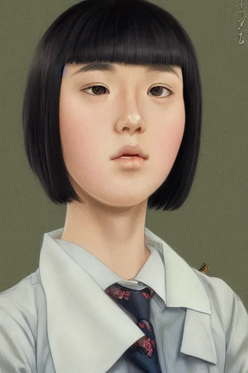 Image similar to realistic character portrait of Minami Hamabe in Japanese school uniform, hair cut in a bob, highly detailed, digital painting, artstation, upper body, concept art, smooth, sharp focus, illustration, art by artgerm and greg rutkowski and alphonse mucha