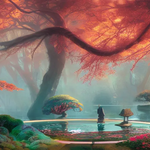 Image similar to dreamlike japanese garden fantasycore , glossy painting, Art Nouveau Cosmic 4k Detailed Matte Illustration featured on Getty Images ,CGSociety, Jade and Carrot orange color scheme, Pastiche by Marc Simonetti, Pastiche by Cedric Peyravernay