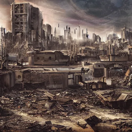 Image similar to destroyed city wasteland, radioactive radiation, nuclear winter, artgerm