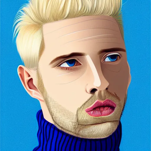 Prompt: thin 30 year old blond man with blond hair long on top medium down the sides, blond beard, small chin, rectangular face, thin lips, English heritage, small blue eyes, middle aged, wearing a turtleneck and jacket, pale skin, narrow face, digital art, painterly, cartoon, cute, 8k, illustration, art by loish, painterly, trending on artstation, medium shot, uncropped