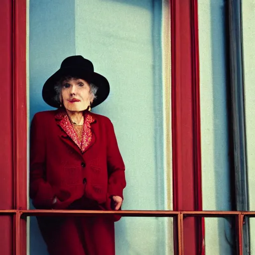 Prompt: 1986 color Medium Shot portrait of a very well-dressed old lady in a balcony of a red hotel, photo made by Wes Anderson award winning, 4K