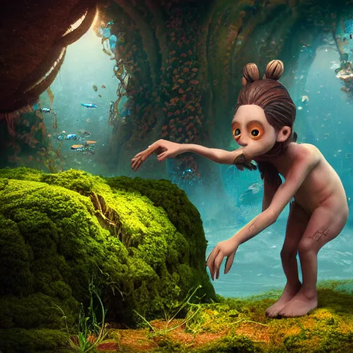 Image similar to child satyr, moss, floating, rbc, radiolaria, protophyta, micro - organisms, center frame, symmetric, rim light, marine microbiology, underwater, bioluminescence, electric, soft, concept art, intricate details, highly detailed, colorful, photorealistic, disney pixar, octane render, iridescent, anime, 8 k