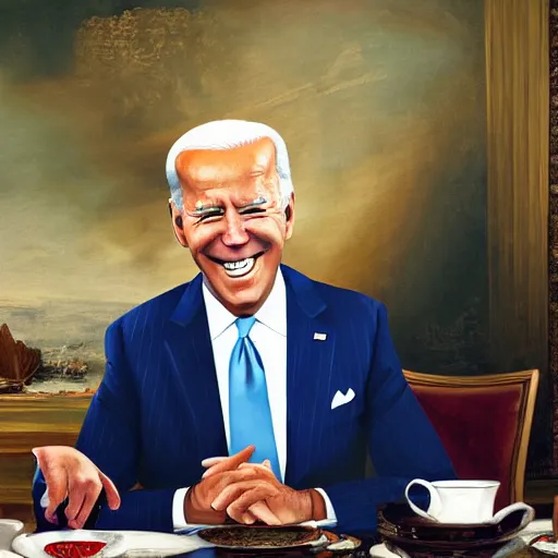 Prompt: a painting of joe biden laugh in tea party with osama bin laden, justify content center, hyper realistic content, frontal hyperdetailed realistic content, sharp focus, intricate, baroque, delete duplicate content