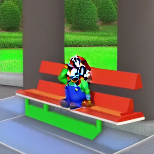 Image similar to 3 d photo of super mario, sitting on a bench with a park behind him, bokeh, shader, anime art style, highly detailed, cel - shaded, colorful, animated, trending