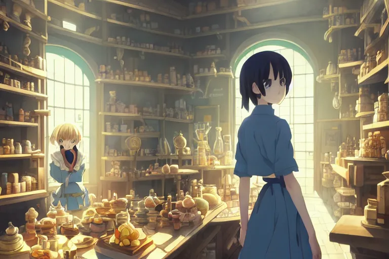 Prompt: anime visual, portrait of a young female traveler in a alchemist's shop interior, cute face by yoh yoshinari, katsura masakazu, studio lighting, dynamic pose, dynamic perspective, strong silhouette, anime cels, ilya kuvshinov, cel shaded, crisp and sharp, rounded eyes, moody, ( ( blue tones ) )