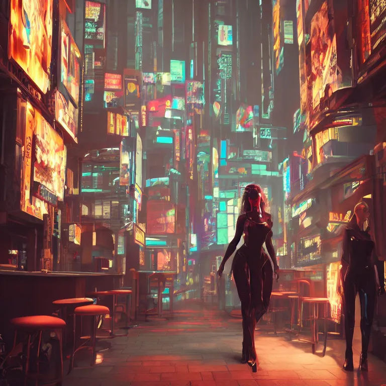 Prompt: cyberpunk woman is standing near the bar by Dylan Kowalski, photorealism, elegant woman, render, unreal engine, 3d art