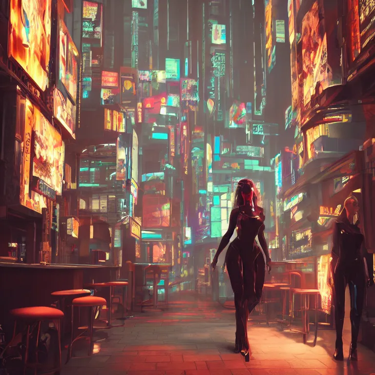 Image similar to cyberpunk woman is standing near the bar by Dylan Kowalski, photorealism, elegant woman, render, unreal engine, 3d art