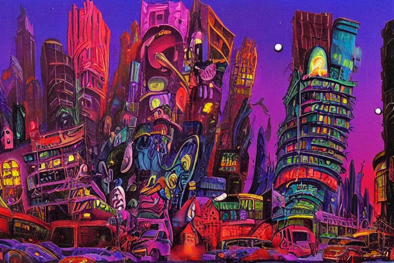 Image similar to surreal colorful nightmarish cityscape, artwork by ralph bakshi