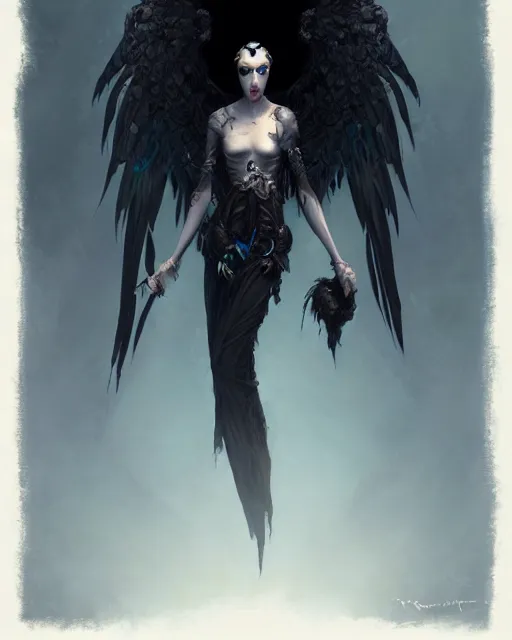 Prompt: character portrait of a modest robed dark raven angel of night with iridescent black raven wings, by Peter Mohrbacher, Mark Brooks, Jim Burns, Marina Abramović, Wadim Kashin, Greg Rutkowski, trending on Artstation