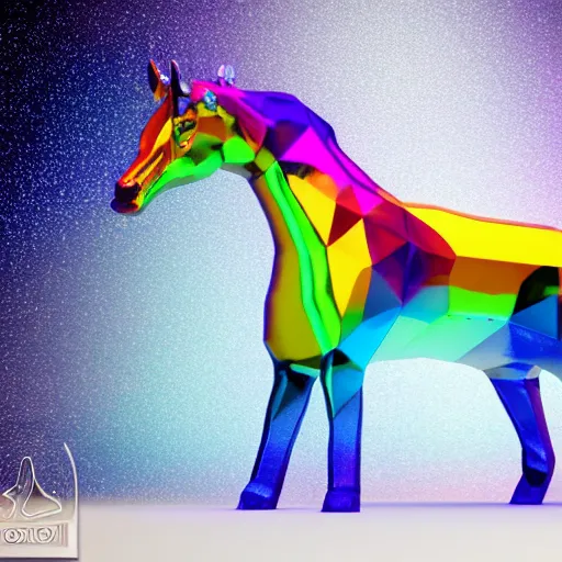 Prompt: holographic futuristic plastic sculpture of celestial steed, transparent celestial light gels, vibrant acrylic glass crinkled correction gel, colored film face by okuda san miguel, glowing stars, glinting, glittering, cyan, white, ultra realistic, photorealistic, 3 d render, unreal engine, octane render, sharp, studio