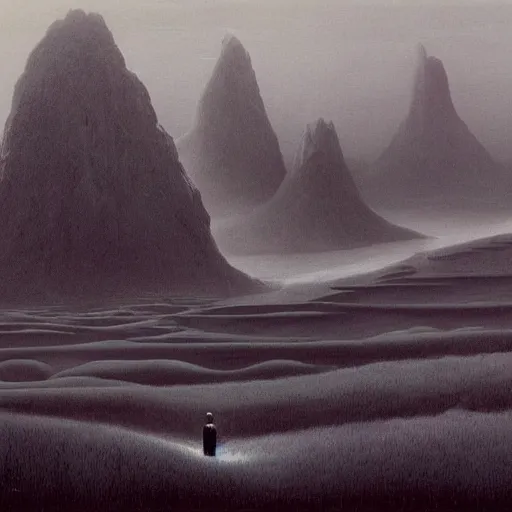 Image similar to A Landscape by Zdzisław Beksiński and Jim Burns