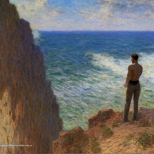 Prompt: an attractive male standing on a cliff, clothed!, looking out at the ocean, by gaston bussiere, craig mullins, j. c. leyendecker, claude monet