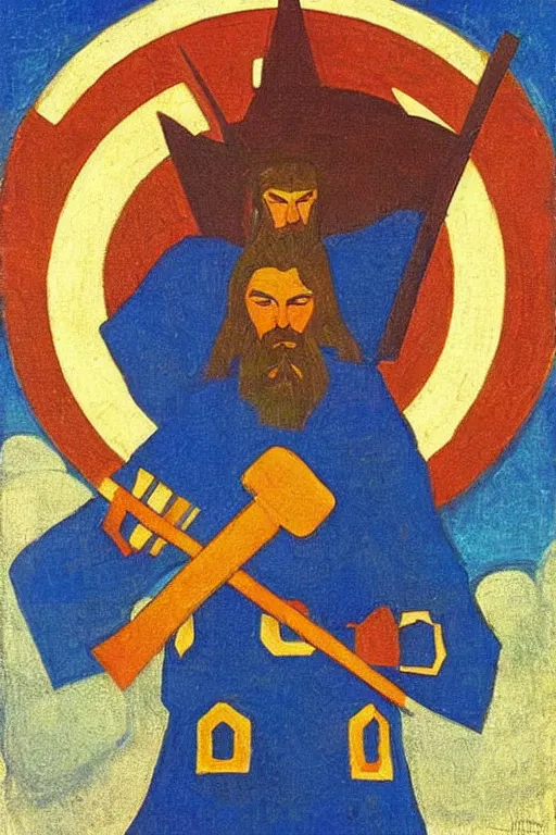 Image similar to thor with hammer, marvel, artwork by nicholas roerich,