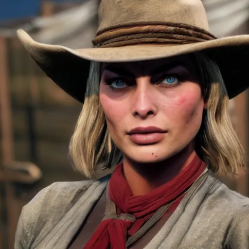 Image similar to margot robbie in red dead redemption 2, highly detailed
