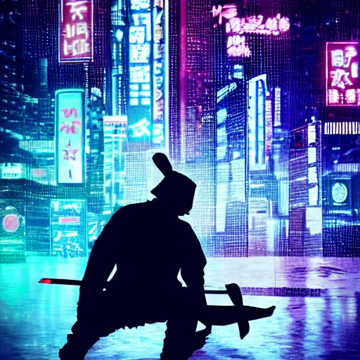 Prompt: silhouette of a samurai on his knees stabbing himself with a katana, blue and purple neon cubes coming out his back, cyberpunk style, rainy night, high quality, high detail, 4K, UHD, torii in the background