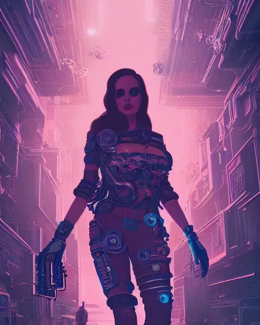 Image similar to portrait of lana del rey as a cyberpunk cyborg. roses, sci - fi, intricate abstract upper body intricate artwork, by tooth wu, wlop, beeple, dan mumford. concept art, octane render, deviantart, greg rutkowski, cinematic arthouse, key art, hyper realism, iridescent accents