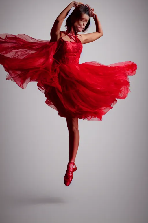 Prompt: full body portrait of a female in a dancing pose, red floral dress, cinematic lighting, 4 k,