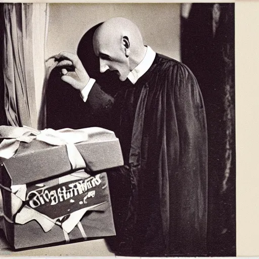 Image similar to adorable count orlok opening presents on christmas, vintage photograph, 4 k