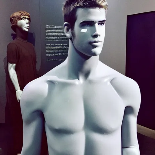 Image similar to “ a realistic detailed photo of a guy who is an attractive humanoid who is half robot and half humanoid, who is a male android, actor liam hemsworth, shiny skin, posing like a statue, blank stare, at the museum, on display ”