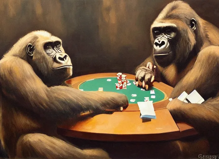 Image similar to a highly detailed beautiful portrait of a gorilla playing poker with a bear, by gregory manchess, james gurney, james jean