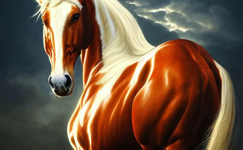 Image similar to a resplendant impressive portrait of a noble horse rearing up. fantasy art, alex ross, heroic lighting, very very very beautiful raytraced rendering