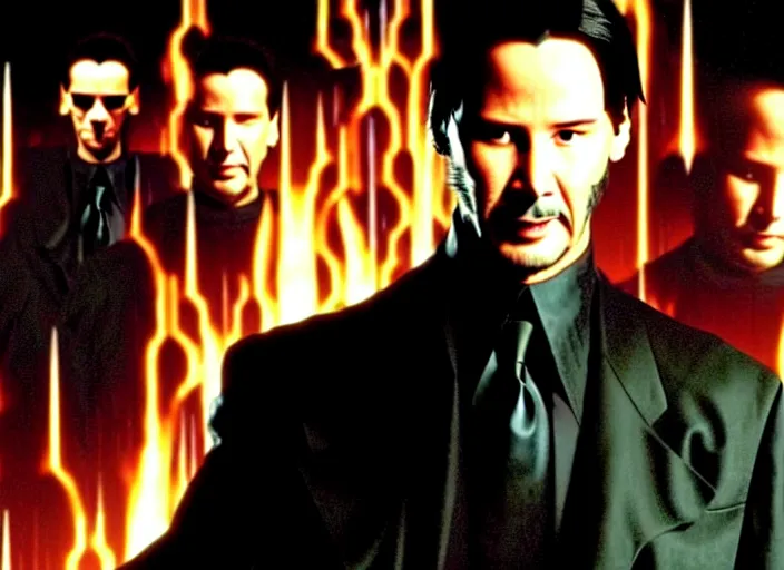 Prompt: A photo of Keanu Reeves as Neo in The Matrix movie doing a thumb up to the camera in front on burning servers, servers in flames in the background, happy system administrator doing a thumb up, uncropped, full body, crispy, ultra detailed