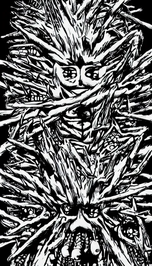 Image similar to a storm vortex made of many demonic eyes and teeth over a forest, by hideaki anno