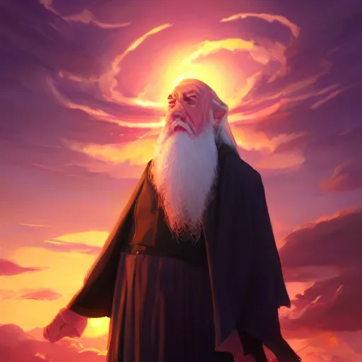 Image similar to dumbledore, sunset, behance hd by jesper ejsing, by rhads, makoto shinkai and lois van baarle, ilya kuvshinov, rossdraws radiating a glowing aura global illumination ray tracing hdr