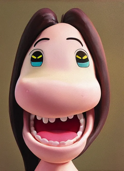 Prompt: a hyperrealistic oil painting of a kawaii anime girl figurine caricature with a big toothy grin featured on Wallace and Gromit by Studio Ghibli