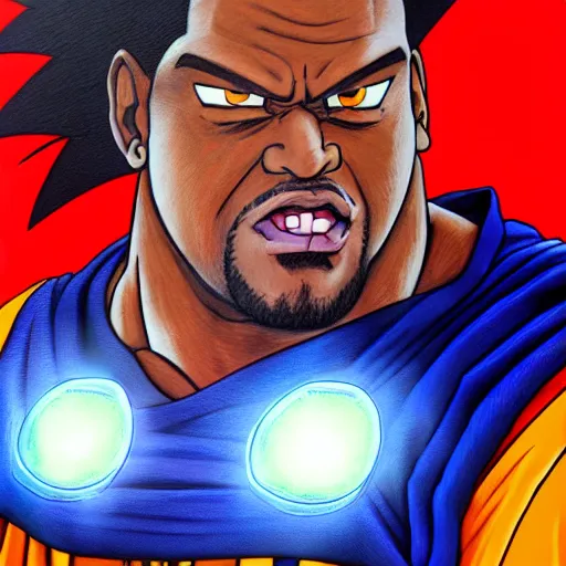 Image similar to ultra realistic portrait painting of shaquille o'neal as goku, art by akira toriyama, 4 k, dragon ball artstyle, cel shaded, highly detailed, epic lighting