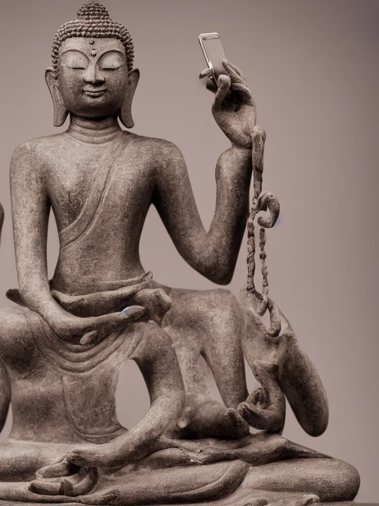 Image similar to beautiful sculpture of meditating buddha holding a smartphone, in a gallery setting. professional studio photo, full object in middle, soft lighting, centered, 1 5 0 mm lens, high definition