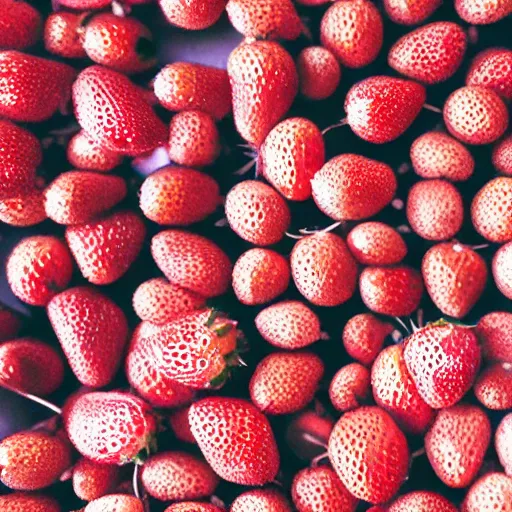 Image similar to a super detailed lomography photo of a closeup of a strawberry, and every seed is a tiny human skull.