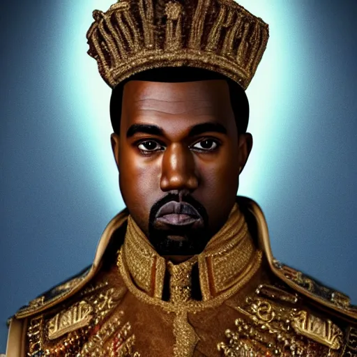 Prompt: Portrait of Kanye West dressed as emperor napoleon, splash art, cinematic lighting, dramatic, octane render, long lens, shallow depth of field, bokeh, anamorphic lens flare, 8k, hyper detailed, 35mm film grain