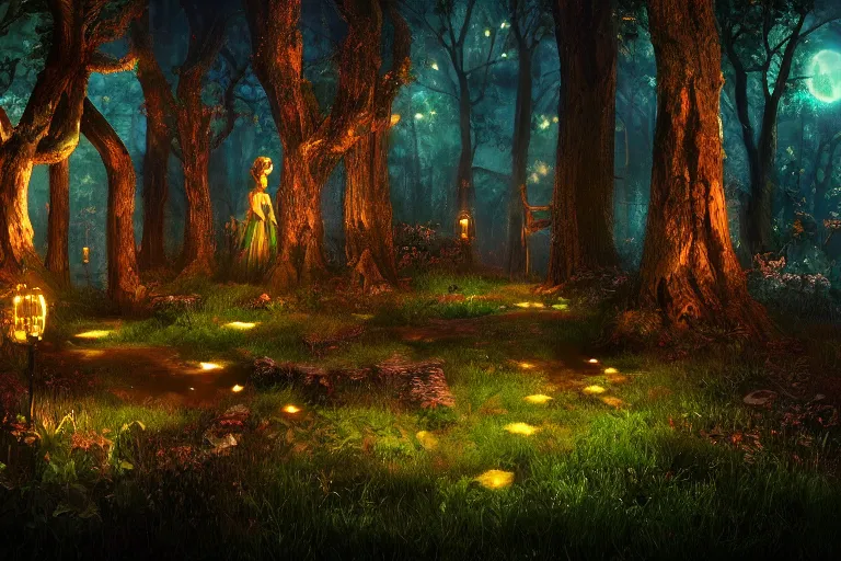 Image similar to An enchanted forest at night, beautiful landscape, fantasy-style, cinematic lighting, photorealism.