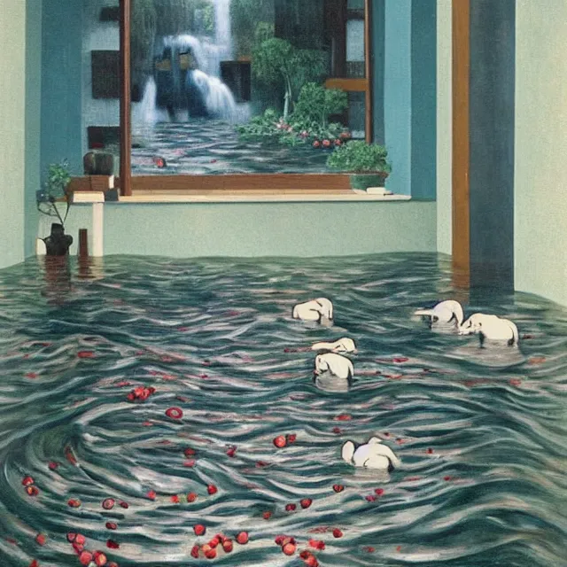 Image similar to painting of flood waters inside an apartment, emo catgirl art student, a river flooding inside, taps with running water, tangelos, zen, pigs, ikebana, water, river, rapids, waterfall, black swans, canoe, pomegranate, berries dripping, acrylic on canvas, surrealist, by magritte and monet