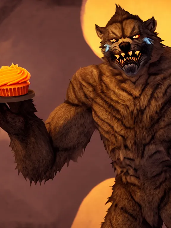 Prompt: cute handsome cuddly burly surly relaxed calm timid werewolf from van helsing holding a delicious cupcake with orange frosting in a candy shop sweet unreal engine hyperreallistic render 8k character concept art masterpiece screenshot from the video game the Elder Scrolls V: Skyrim