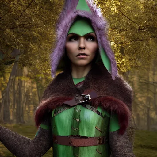 Prompt: anya charlota as a medieval fantasy elf, dark purplish hair tucked behind ears, wearing a green tunic with a fur lined collar and brown leather armor, wide, muscular build, scar across nose, one black, scaled arm, cinematic, character art, digital art, forest background, realistic. 8 k, 3 d render.