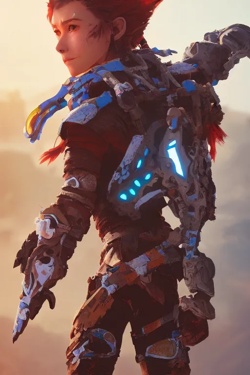 Image similar to combination suit armor aloy horizon forbidden west horizon zero dawn robot ninja mask helmet backpack tribal, aesthetic octane render, 8 k hd resolution, by ilya kuvshinov and cushart krentz and gilleard james radiating a glowing aura cgi rtx 2 0 2 2