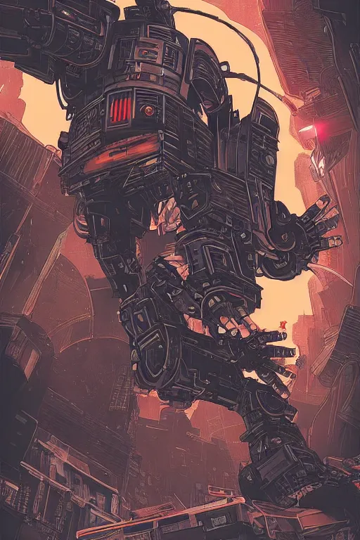 Prompt: robot ninja darth vader, cyberpunk mech is from borderlands and by feng zhu and loish and laurie greasley, victo ngai, andreas rocha, john harris, victo ngai, andreas rocha, john harris