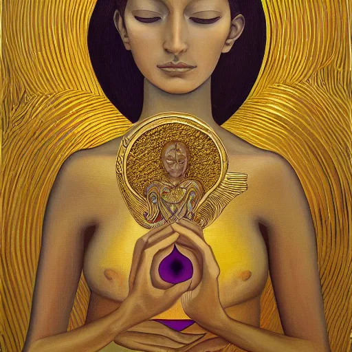 Image similar to a painting of a woman holding a glowing golden heart in the water, an acrylic on canvas painting by amanda sage and magali villenueve, louvre contest winner, gold foil